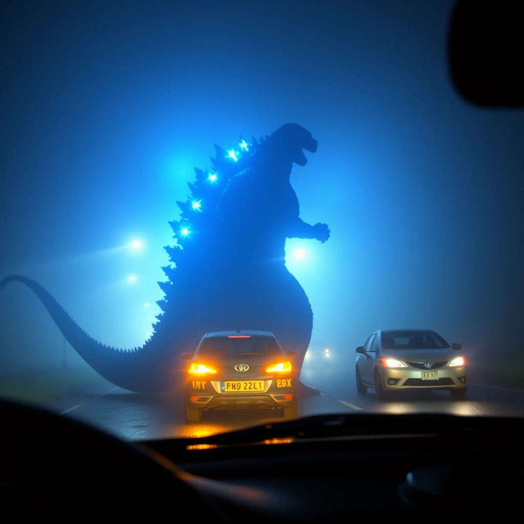 Photorealistic, lifelike, grainy, poor lighting, bad focus, shaking, rainy and foggy night, dense fog, far away view of a 100m high Godzilla charging its blue attack, amateur photo taken from behind the wheel, dirty and scratched windshield, amateur photo taken with smartphone, very distant view, poor quality, barely visible, captured accidentally by smartphone camera out of focus, movement blur, low quality.