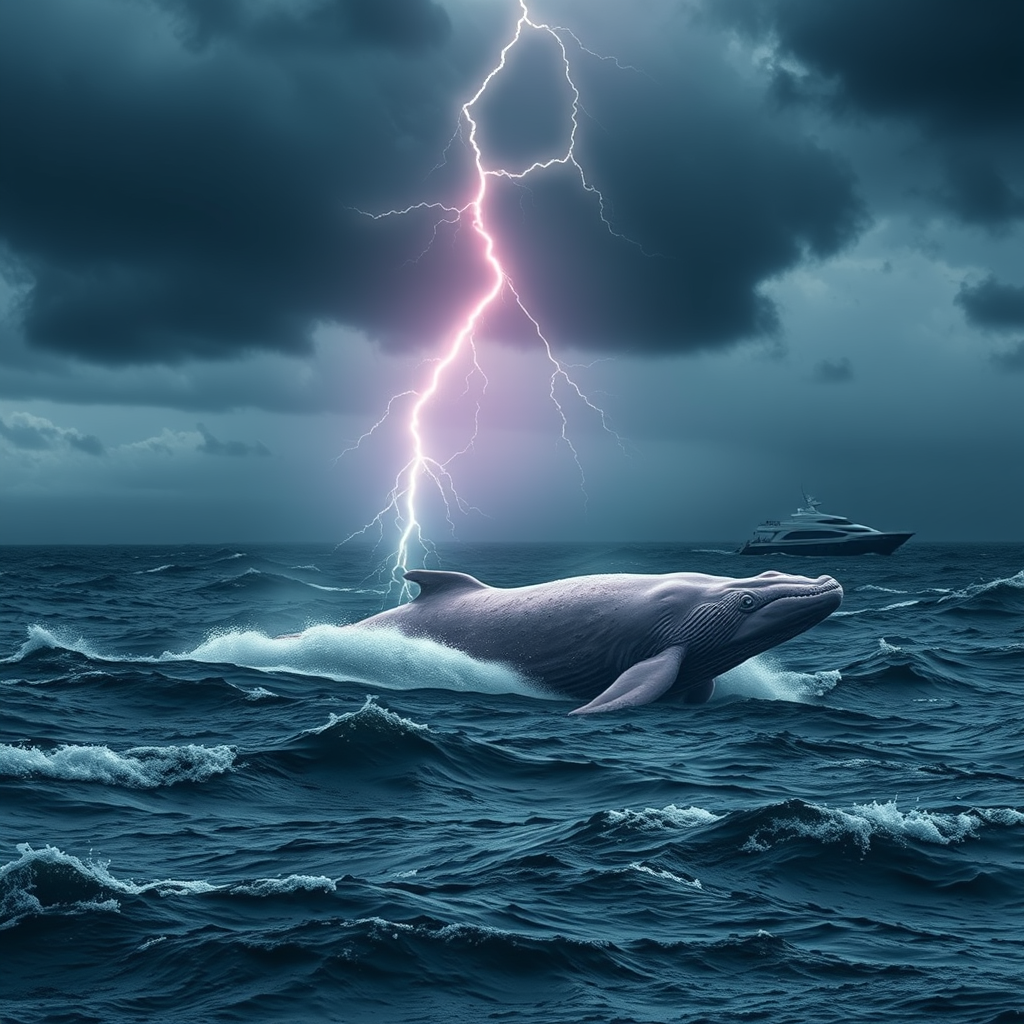 The image shows a massive whale swimming in a sea with turbulent waves. The sky is covered with dark clouds, creating a gloomy atmosphere. In the center of the image, lightning strikes intensely, illuminating the whale, which adds a very dramatic effect. The flash of lightning highlights the silhouettes of the waves and a yacht, increasing the tension. The contrast between the dark sky and the bright light of the lightning visually expresses the intense power of nature, intertwined with the rough waves of the sea. A giant pink whale overcoming the turbulent waters allows us to feel the challenges and dangers of the external environment, as well as the existence of small and fragile humans within it.