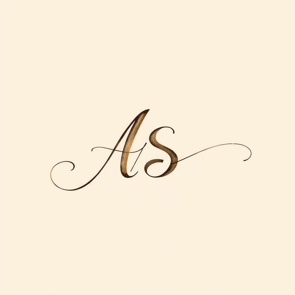 Elegant hand-drawn signature for initials AS, flowing with graceful curves and sweeping lines. Delicate ink strokes create a calligraphic feel, evoking timeless sophistication. Subtle flourishes add personality, while negative space balances the composition. Soft sepia tones evoke vintage charm and artistic flair.