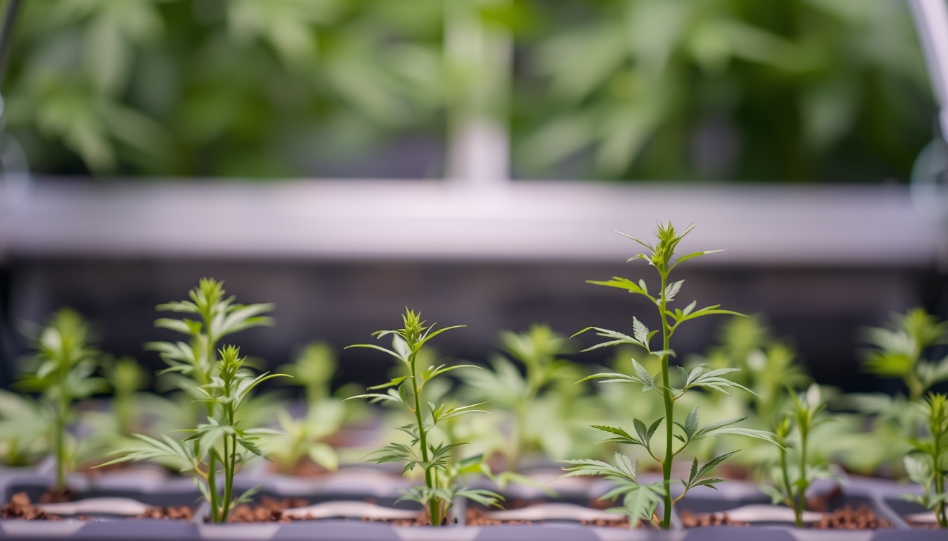 Blurry natural background with small marijuana leaves space for text Indoor hydroponic cultivation