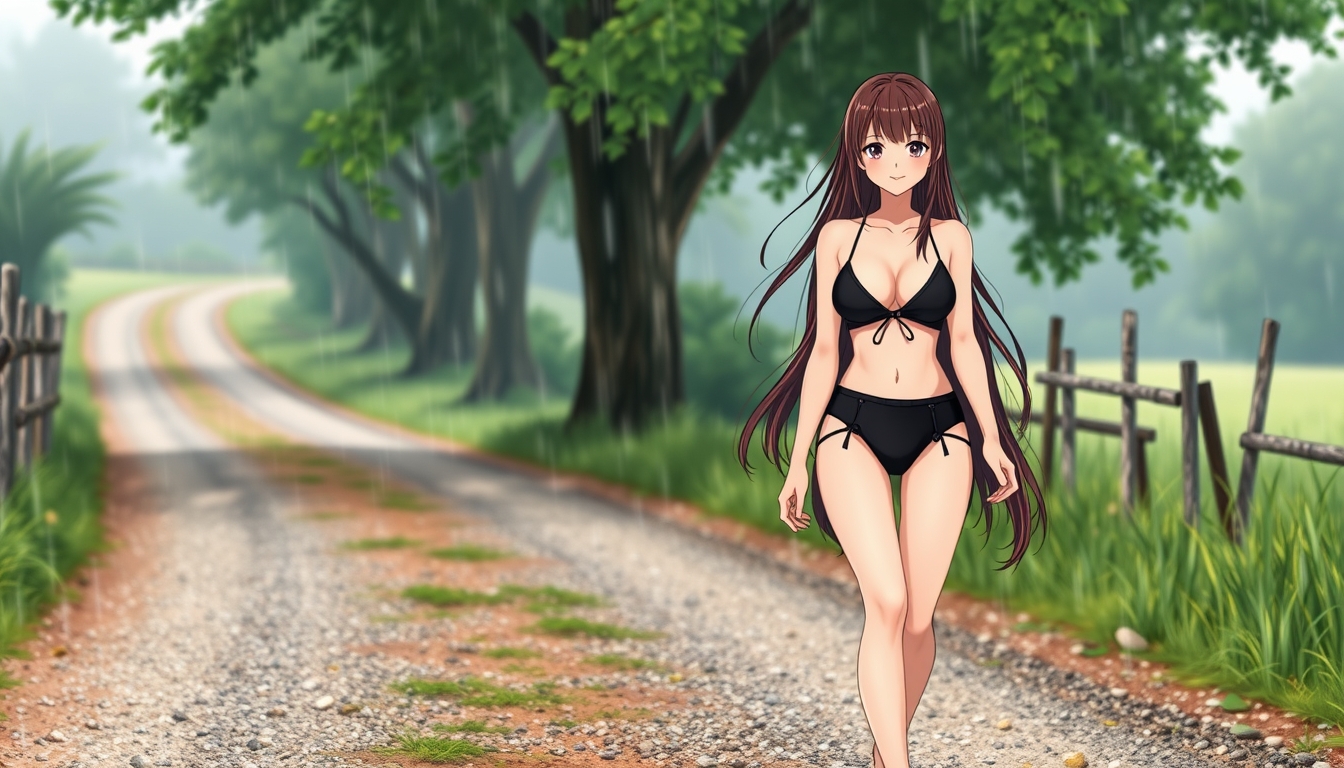 Anime style, a beautiful brunette girl with long hair wearing a black bikini walking on a gravel rainy country road, barefoot, smiling, model body type.