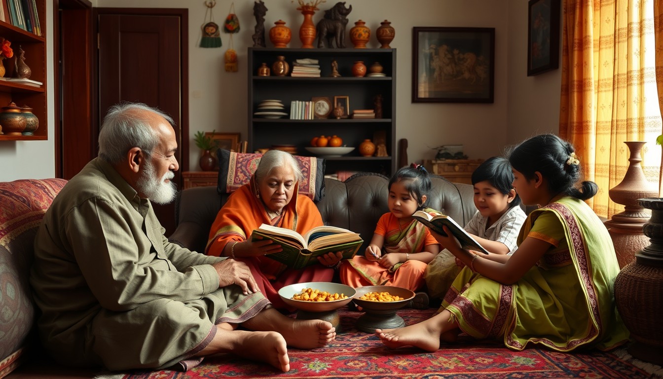 Grandparents narrating stories to children in a cozy, traditional Indian home. The family is seated on a vibrant rug with cultural decorations and artifacts around them. The atmosphere is filled with warmth and bonding. - Image