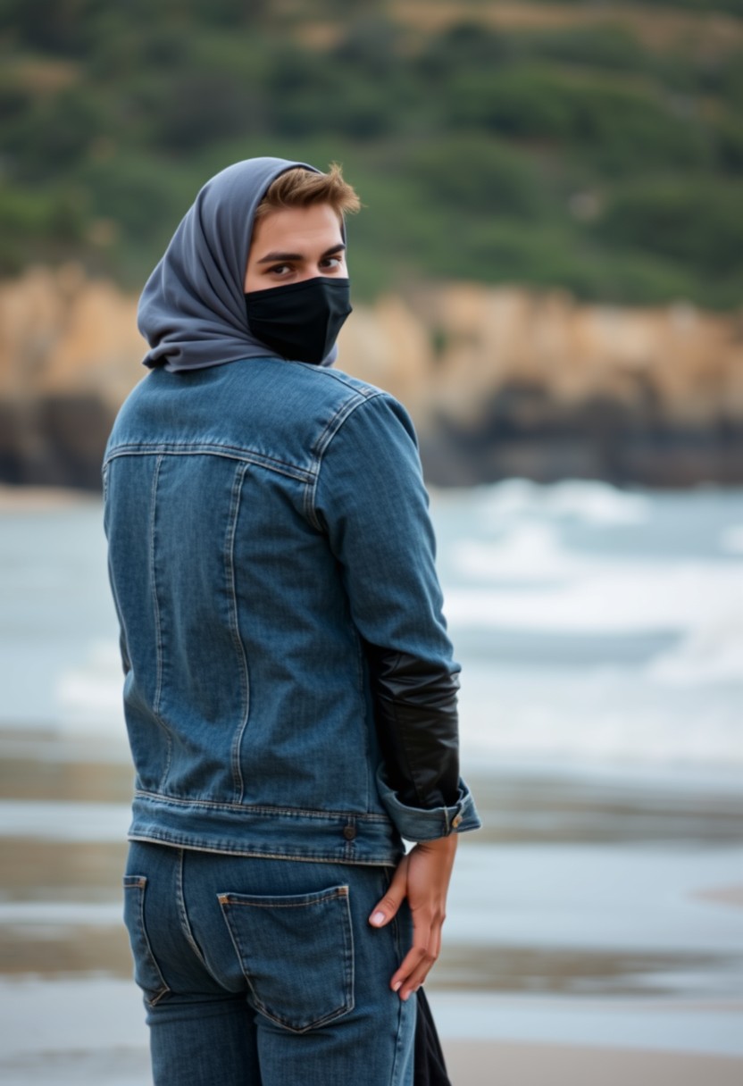 Jamie Dornan's head and body shot, handsome, face mask black, denim jacket, jeans, dating, love couple, hug from behind, with the biggest grey hijab Muslim girl, face mask black, beautiful eyes, black leather jacket, biggest skirt, at the beach, hyper-realistic, street photography, selfie. - Image