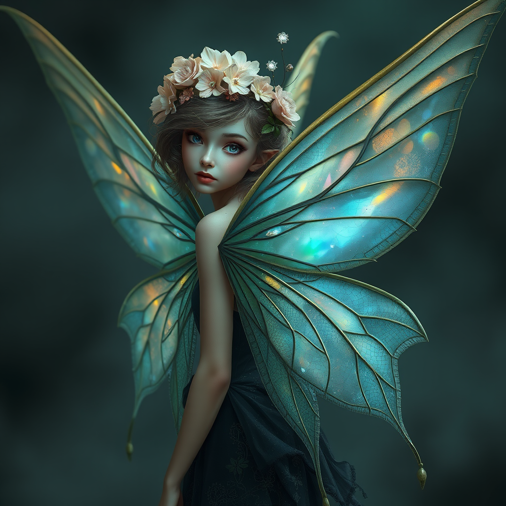 Photorealism of a fairy with large, detailed wings with a net-like structure and an iridescent sheen, giving them an almost holographic appearance. Her hair is styled with flowers and crystal embellishments which add to her ethereal beauty. The dark, foggy background gives the feeling of a mysterious or enchanted realm, enhancing the fairy's otherworldly presence. The overall atmosphere is one of dark fantasy and delicate beauty. - Image