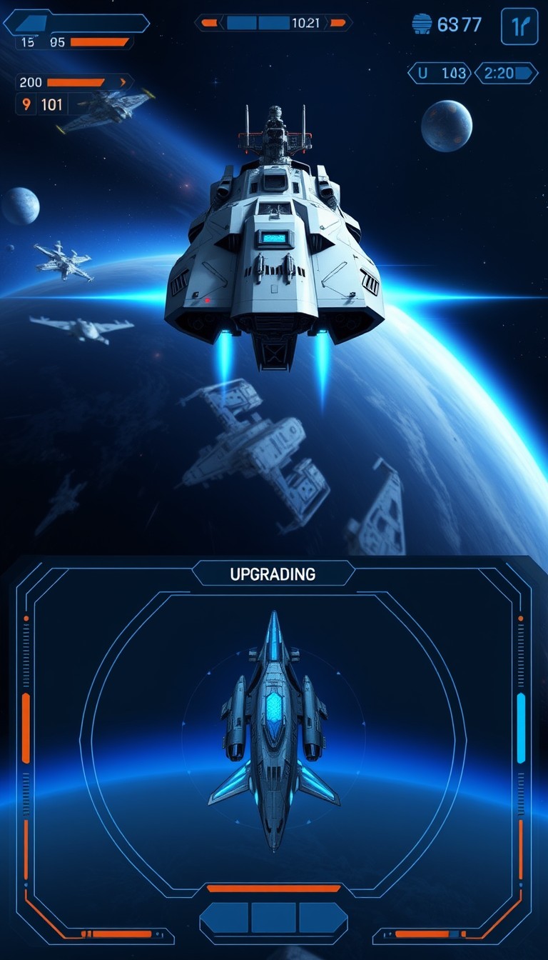 "Space battleship game, there is a space battleship on the top of the picture and a UI for upgrading the battleship at the bottom, with a translucent UI, and the space battleship can be seen."