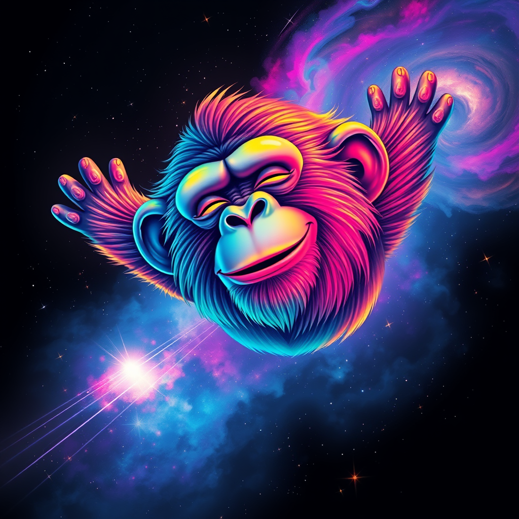 A captivating digital painting of a happy ape soaring through a dreamy, cosmic landscape. The ape sports a vibrant rainbow color palette, with flashes of color interspersed throughout the scene. The background features a starry cosmos with swirling galaxies and nebulas. The ape's eyes are closed, exuding a serene expression, while its serene smile is a testament to its peaceful state. The glitchy edges, fading to black, add a unique and striking touch to the design. The subtle acid rainbow cubic glitch effect adds depth and visual intrigue to this mesmerizing, dreamy tee shirt design.