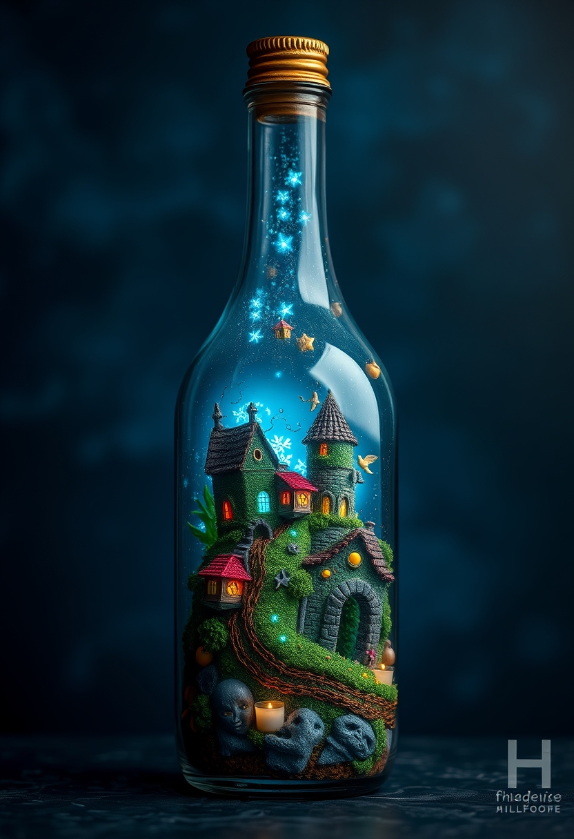 best quality, reality-shot, realism, realistic photography of an elaborate bottle with whimsical elements, magical fairytale landscape, fantasy style art, dark blue theme, intricate details, ultra sharp, exquisite detail, flawless composition, vivid colors, masterpiece, exciting background. - Image