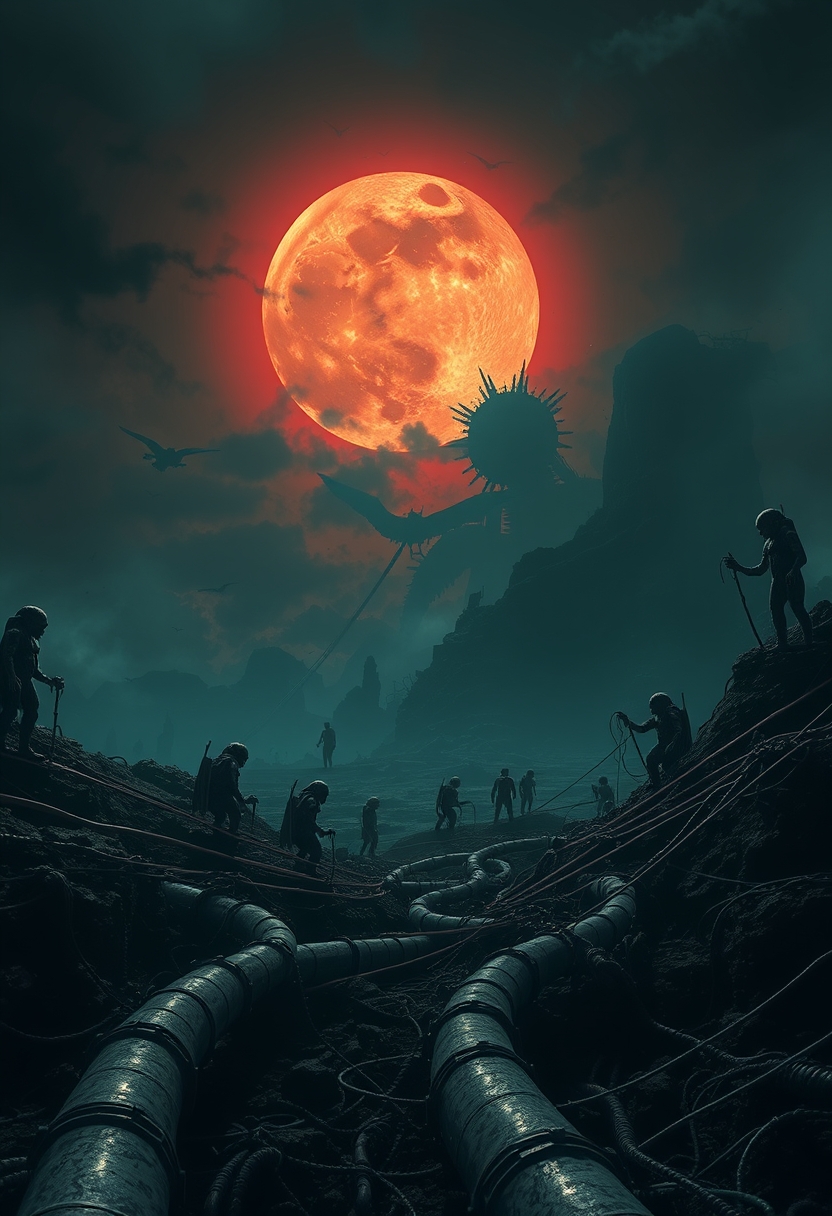 alien sky, horror atmosphere, alien planet landscape, scary creatures silhouettes in darkness, everything covered in pipes and wires around, very detailed landscape - Image