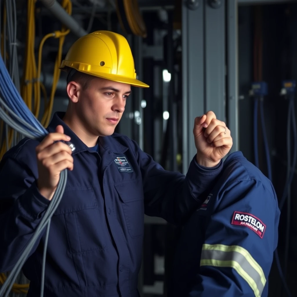 An engineer in overalls with the inscription Rostelecom connects an optical cable.