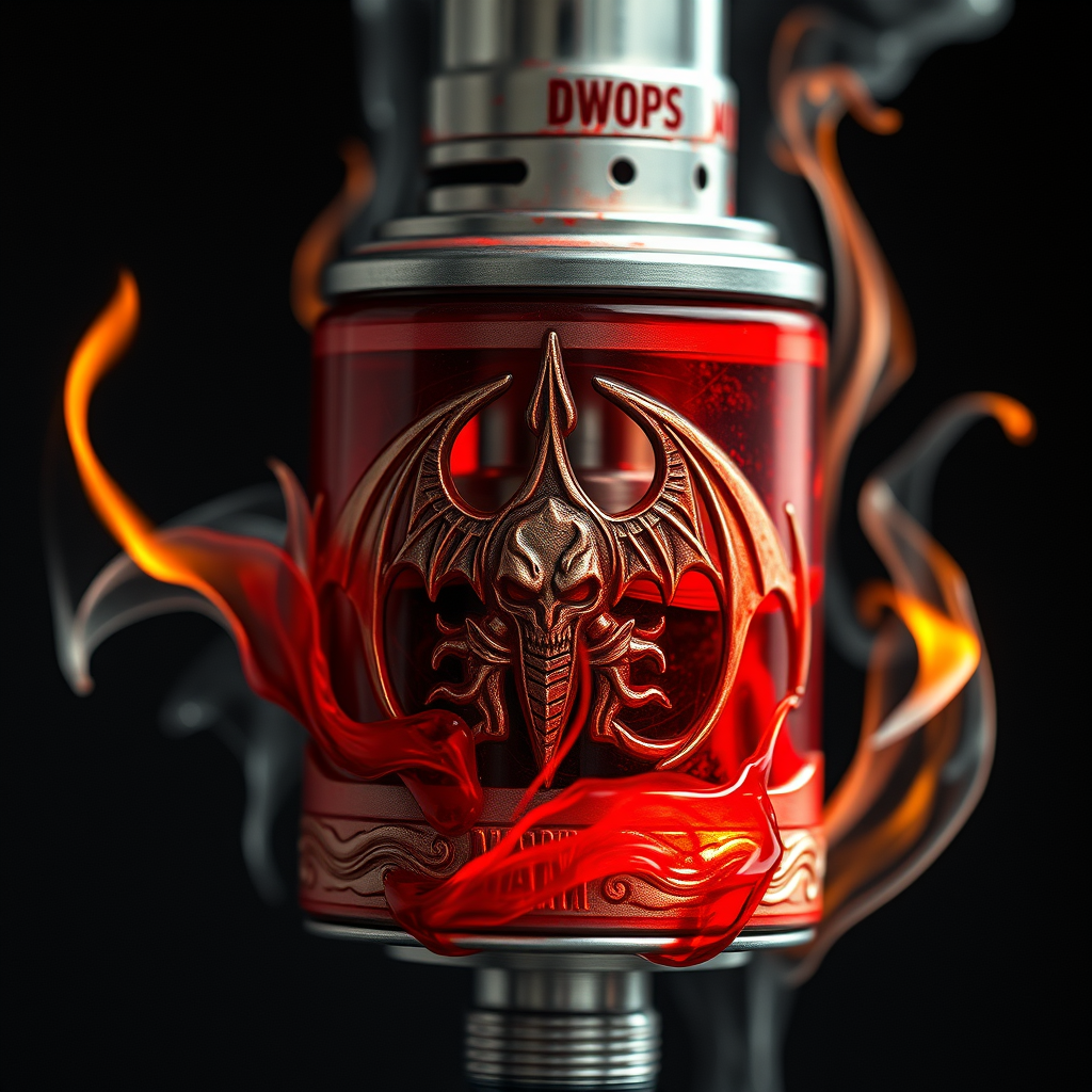 Hyper-realistic DoomVapes: vape tank, engraved with infernal motifs on the metal. Hellfire wisps curl around the device. Blood-red liquid seeps through cracks. Clear glass.