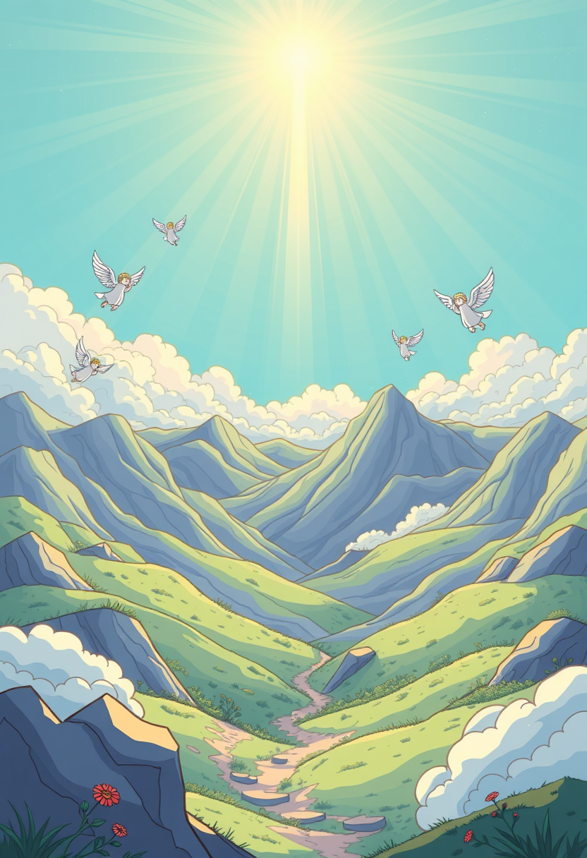 Illustrate a beautiful, serene landscape symbolizing the Kingdom of Heaven, with angels and light shining down. Cartoon style, thick lines, low details, no shading. - Image