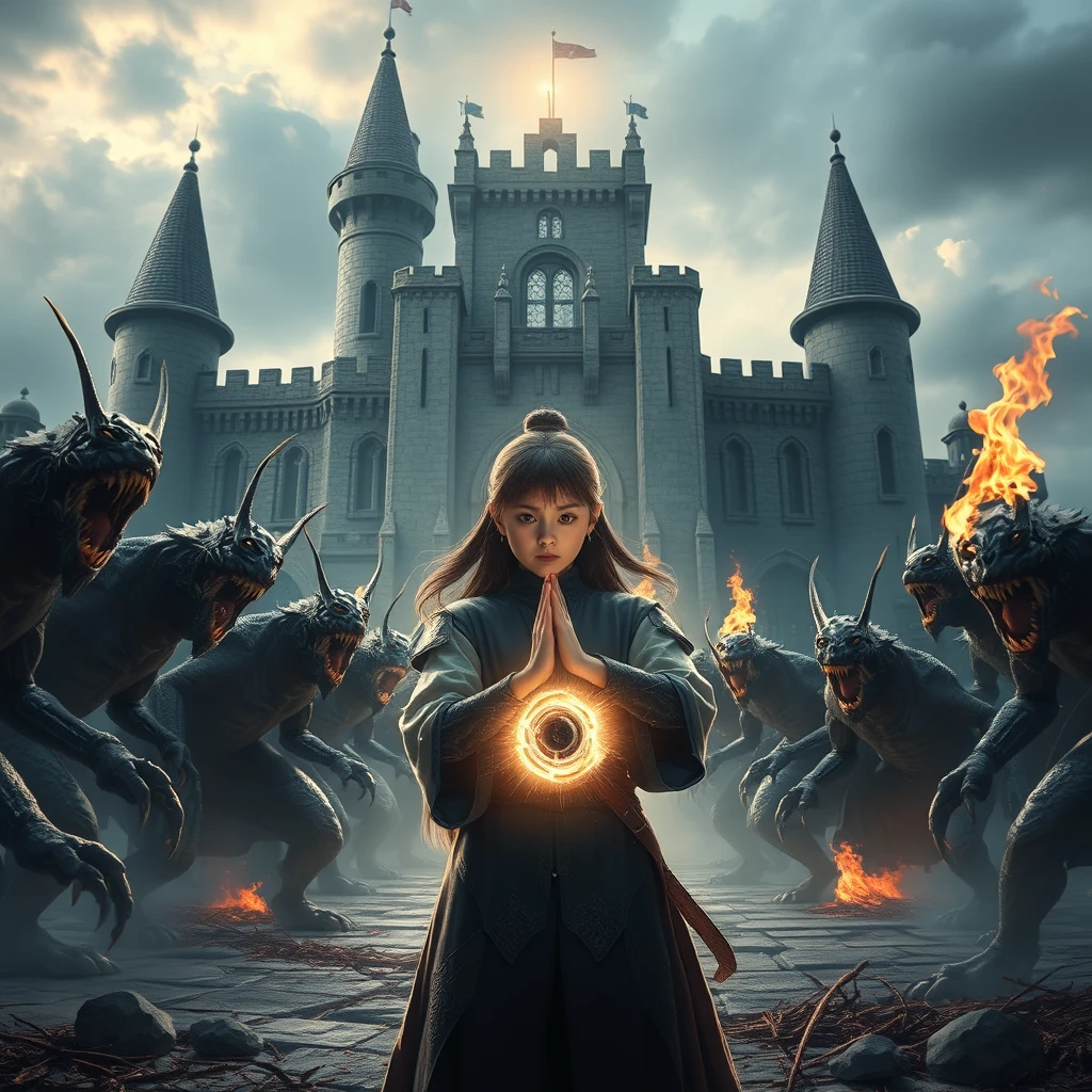 In front of an ancient castle, a group of dark creatures emerged. They came in various shapes, some with sharp claws, while others spewed out blazing flames. The heroic girl was fearless. She clasped her hands together and recited a mysterious spell from her mouth. In an instant, a powerful light shot out of her hand, illuminating the entire battlefield. The dark creatures roared in pain under the illumination of the light, but the girl did not stop. She recited a spell, released the magic halo, and continuously unleashed her powerful energy to defeat the dark creatures one by one. Picas style, 3D rendering, ultra-high definition picture quality, 36k, -- niji 6.