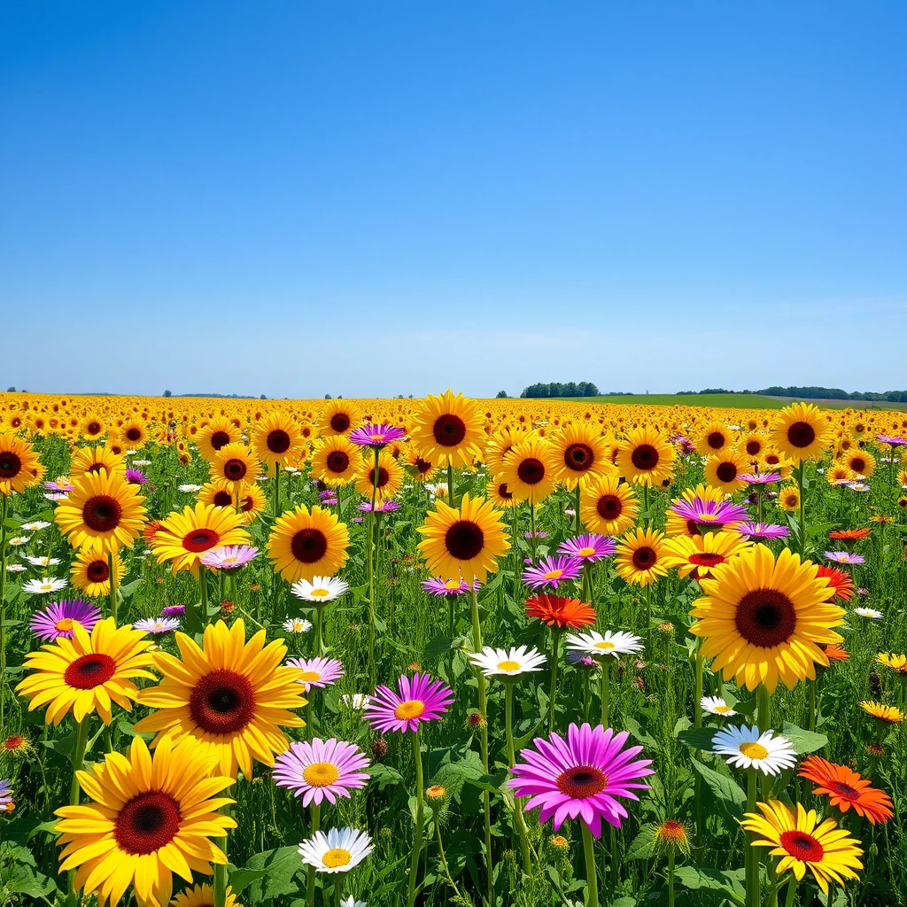 Field of sunflowers and gerbera daisies of all colors in a countryside meadow with full sun and blue skies.