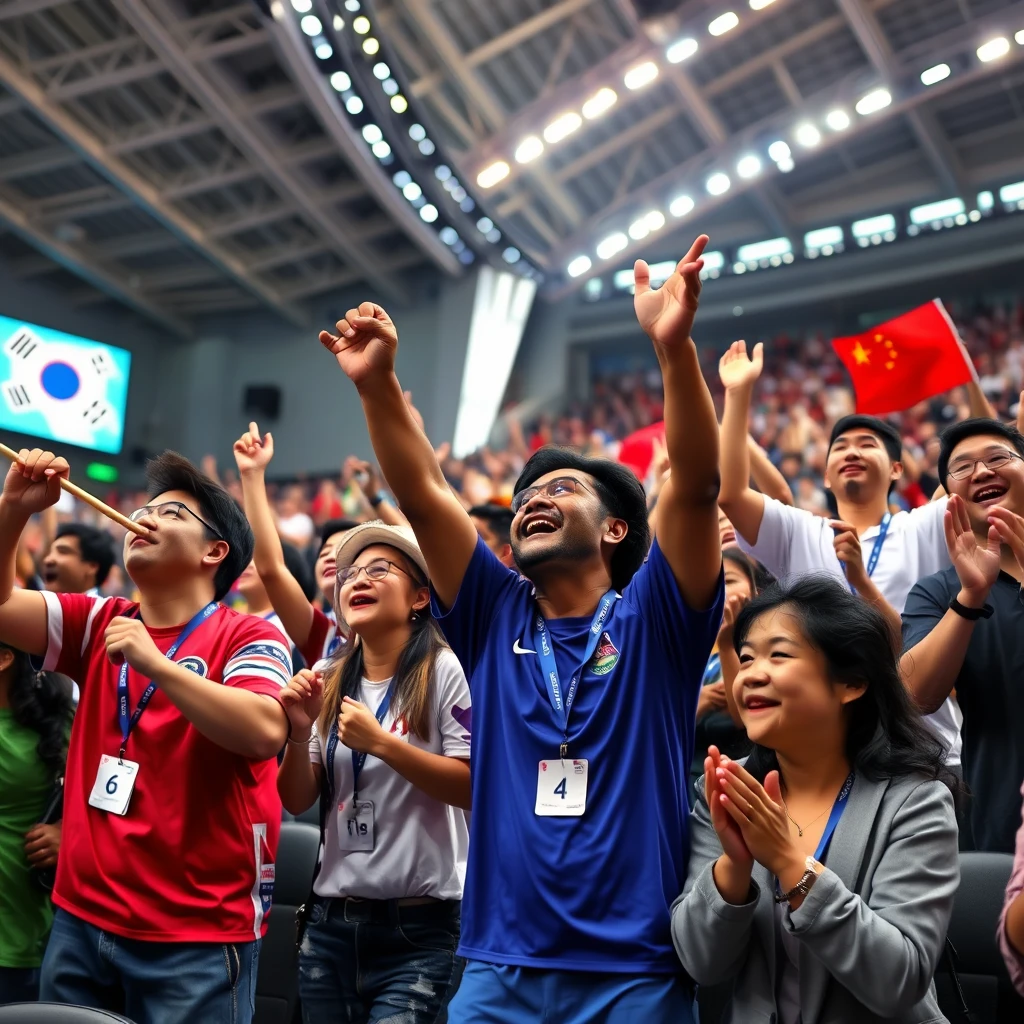 Cheering people in an Olympic stadium, Koreans blowing flutes, Americans dancing, Africans shouting, Chinese clapping. - Image