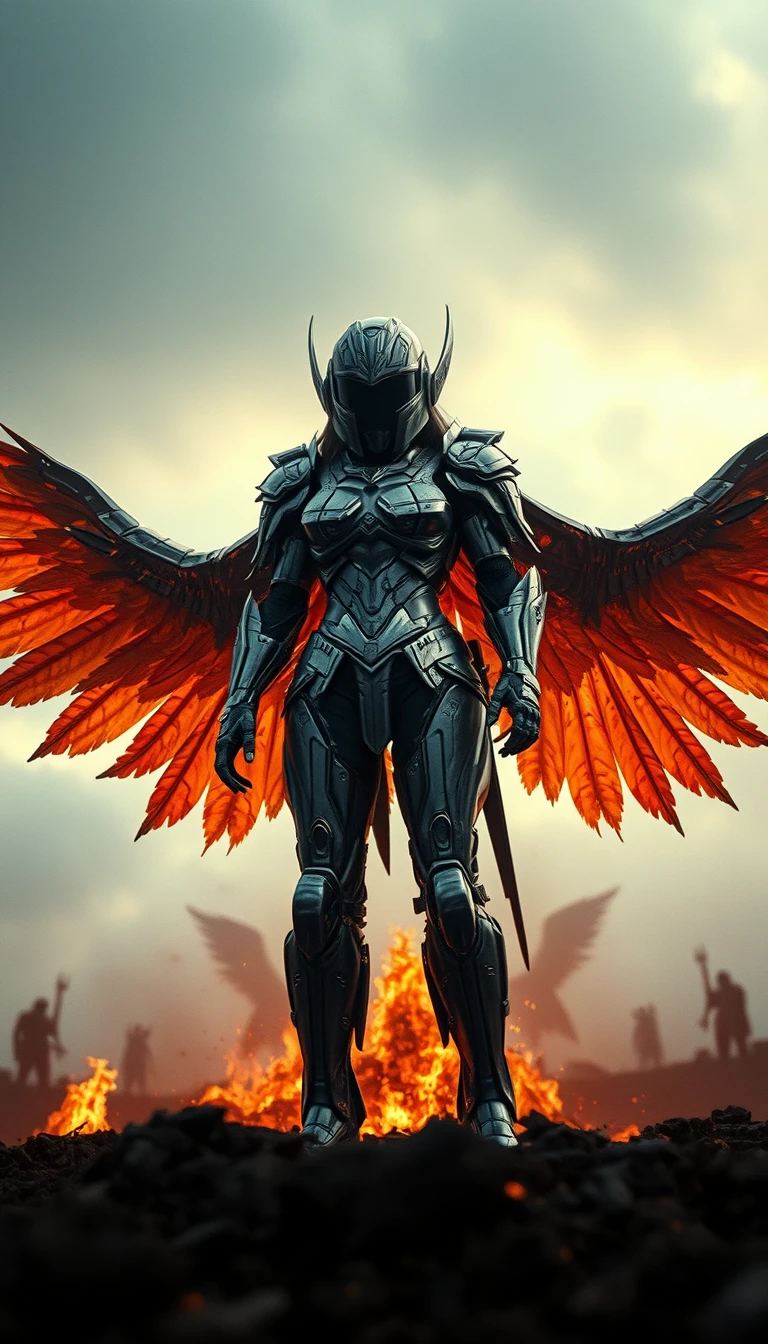 Cinematic shot of a female cyborg Valkyrie rising from ashes, armor, full helmet, wings, sci-fi, standing on a battlefield, movie scene, film grain, realistic, shot from below, image for a flyer.