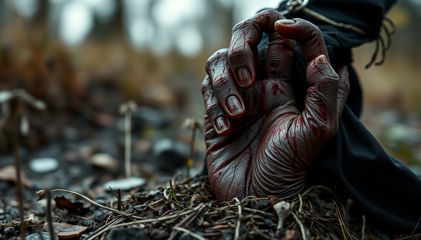 Close-up of a zombie witch hand rising from the ground, clutching the air. - Image