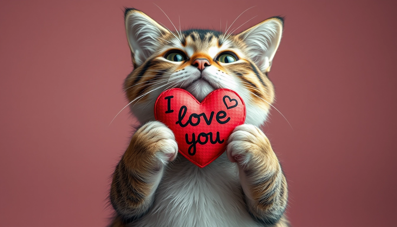 A cat holding a heart on which it is written I love you Fia! - Image