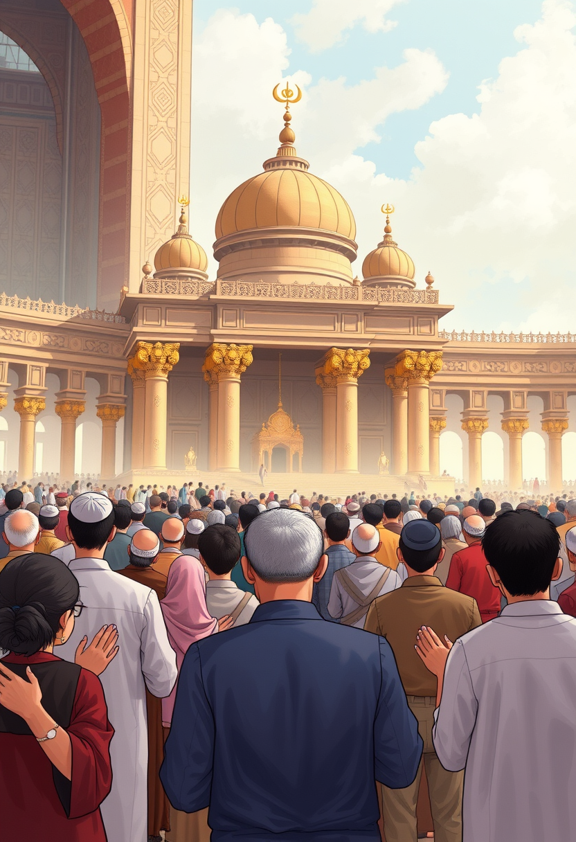 Illustrate people of different ages and backgrounds praying in a grand temple, with a sense of reverence and peace. - Image