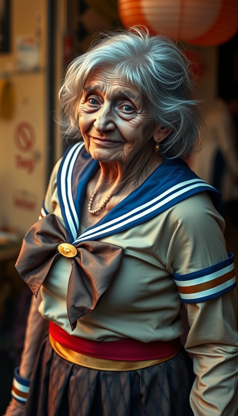 A 100 year old granny wearing a Sailor Moon costume, with wrinkled and saggy skin, in a dynamic pose, ultra detailed, photorealistic, raw picture, in a real-life, real world environment. - Image