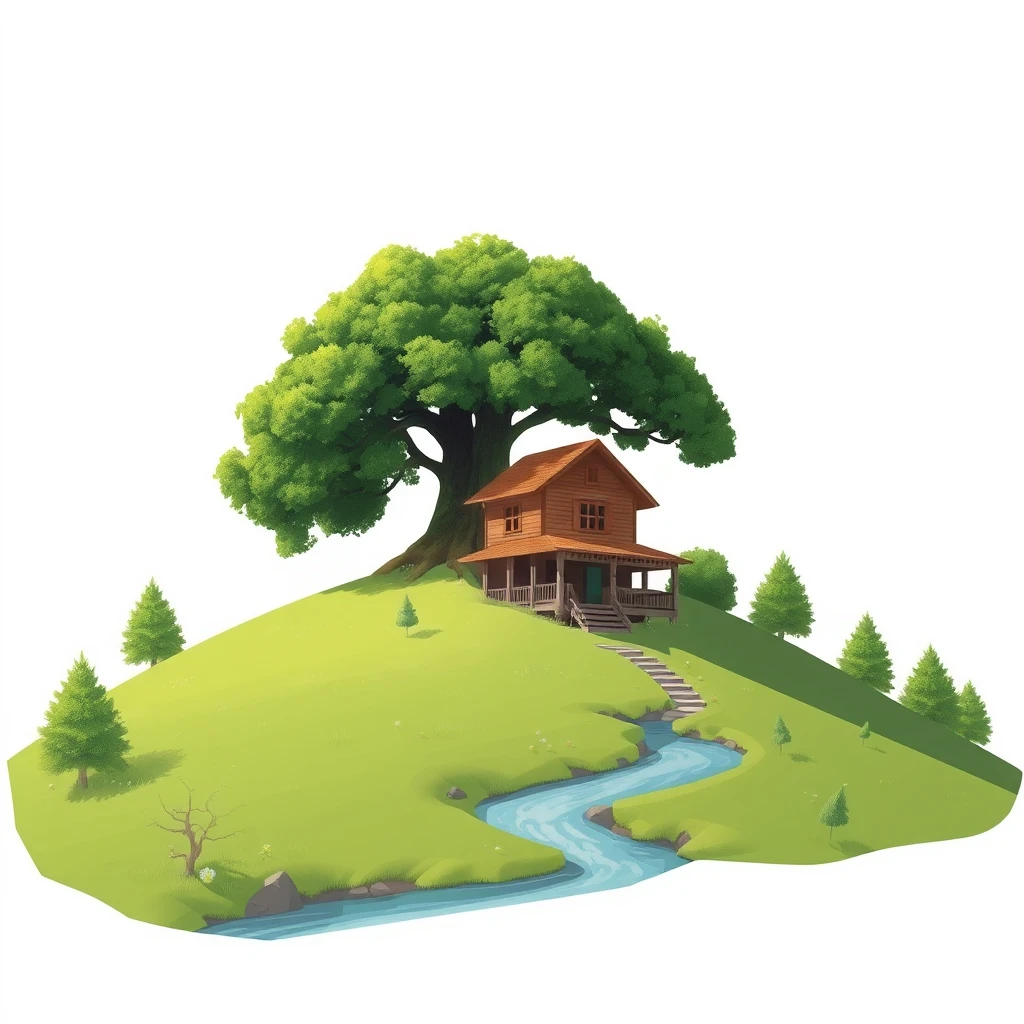 There is a hill, at the bottom of the hill there is a small river, on top of the hill there is a large tree, and underneath the large tree at the top of the hill, there is a wooden house.