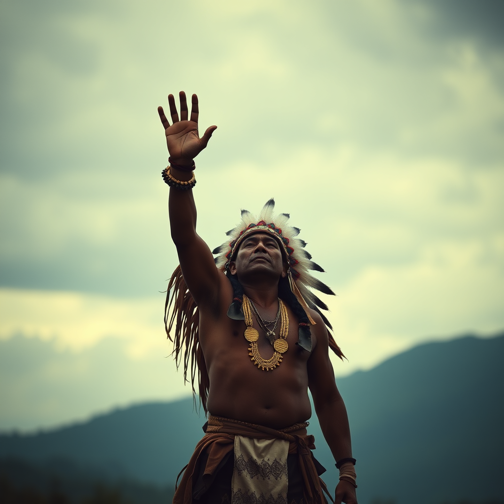 cinematic image of indigenous man of North America doing a hand stand - Image