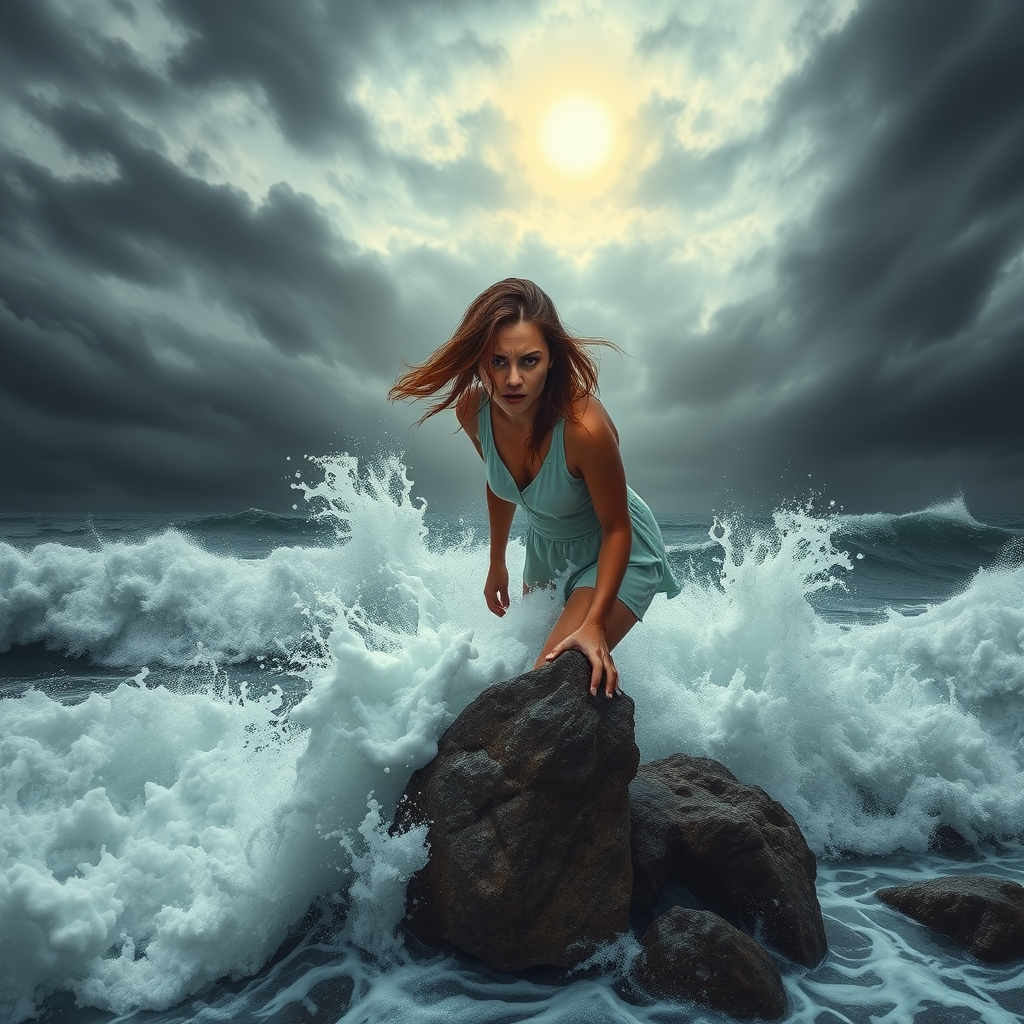 A troubled woman stands on a rocky shore as the relentless ocean waves crash around her, their frothy white crests reaching out like desperate hands. The sky above is a swirl of stormy grays, with the sun struggling to break through the clouds. The woman's hair whips around her face as she clings to the rock, her eyes filled with a mixture of fear and determination. The waves, powerful and unyielding, seem to mirror her inner turmoil, yet there is a sense of hope in the air, as if the sun's rays are trying to pierce through the darkness and bring her peace. - Image