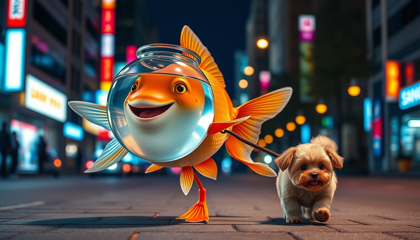 A cute, happy goldfish wearing a fish bowl as a breathing mask (half filled with water) is walking a cute dog on a leash in the streets at night, surrounded by colorful city lights. The goldfish is happily laughing, mouth open, with a cute face, walking on fins (no legs), with a fluffy dog in front, exhibiting a silly walk, ultra realistic, realism.