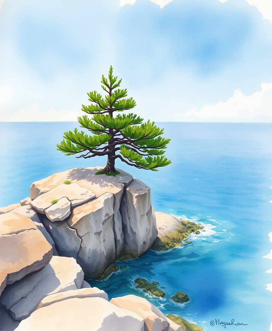 Crimea pine tree on a rock above the sea, wet on wet watercolor painting.