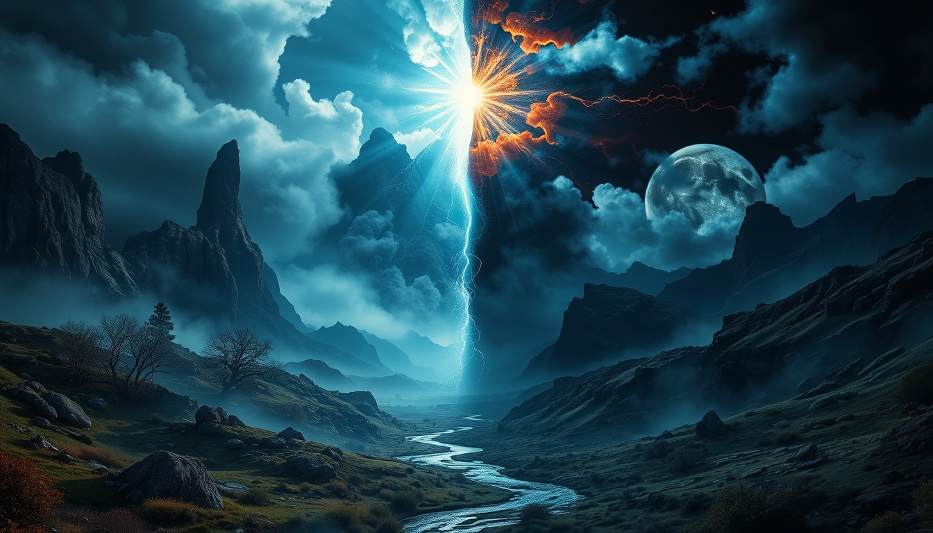 mystical landscape, Forces of Good versus Evil, day and night, duality, light and dark, contrasting colors, contrasting landscape, image split - Image