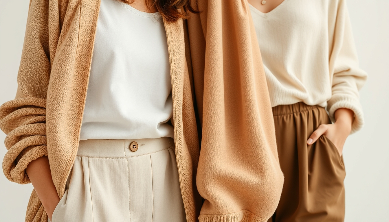 A close-up of eco-friendly clothing items, showcasing organic fabrics, neutral tones, and earthy textures, styled against a clean background. - Image