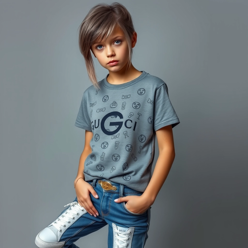 A teenage woman in a grey T-shirt with random symbols, Gucci jeans, and Gucci sneakers. Appearance: cool gray hair and large blue eyes, arrogant look. Professional photo. - Image