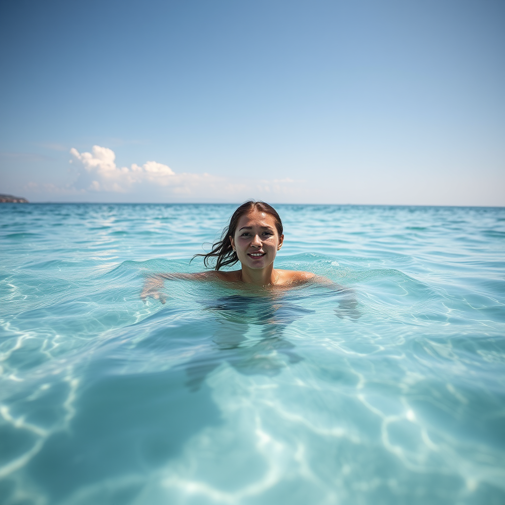 'a beautiful woman is swimming in the sea in a wide shot'