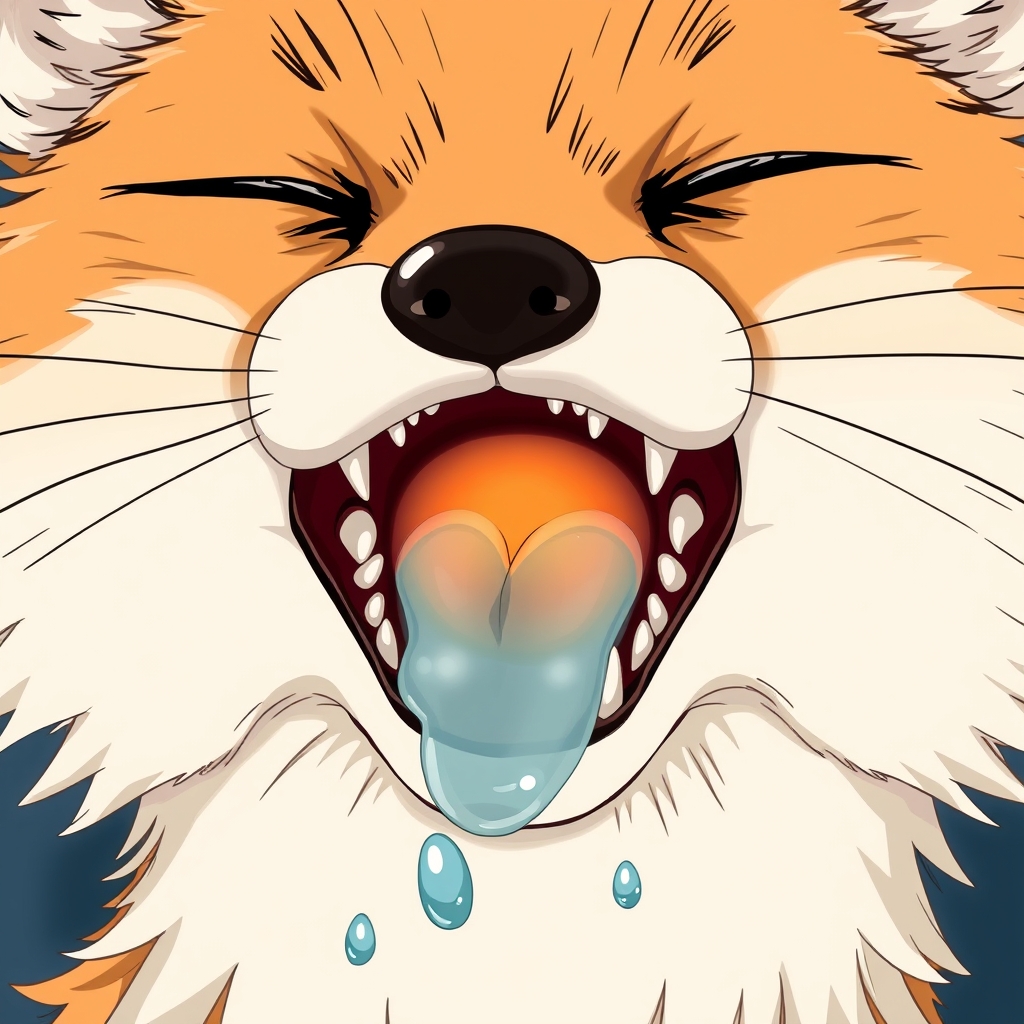 'Furry drawing style, anime drawing style, depict the details of the fox's mouth, throat details, the throat area should be bright, details of the teeth, details of saliva, the whole mouth is filled with it.'