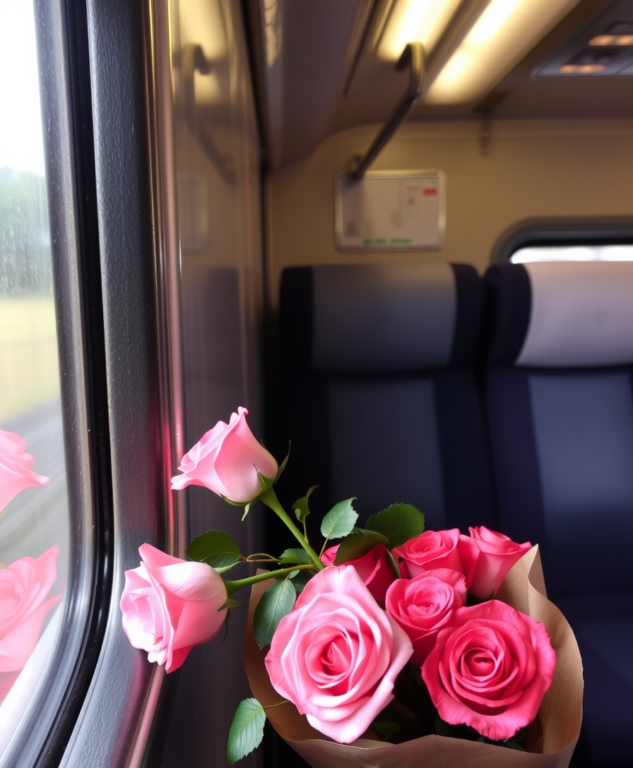 a train compartment, A bouquet of roses