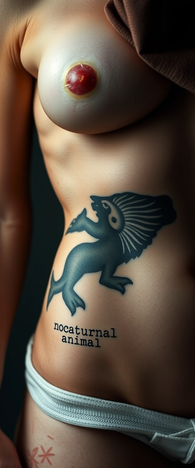 Close-up view of the tattooed belly of a muscular Ukrainian woman with white skin, inscribed with "nocturnal animal," wearing a cloth over her face. - Image