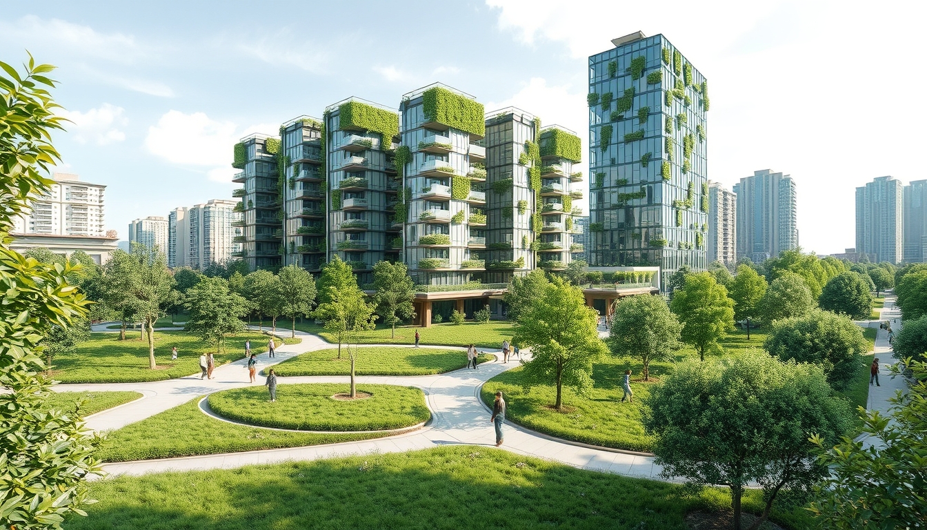 Green urban park with sustainable architecture, illustrating eco-friendly economy. - Image