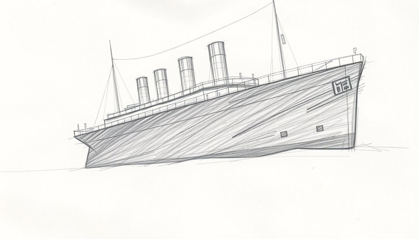 Titanic, a rough pencil sketch, relatively coarse, not detailed. The paper of the sketch is very wrinkled, with marks left from erasing.