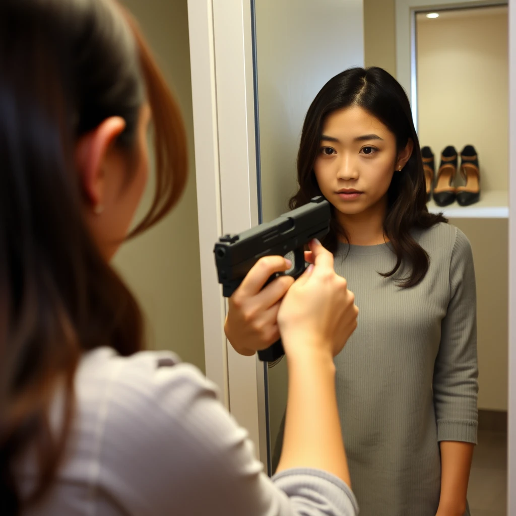 A young woman is holding a handgun while looking into a full-length mirror, where her shoes can be seen. She is Chinese.