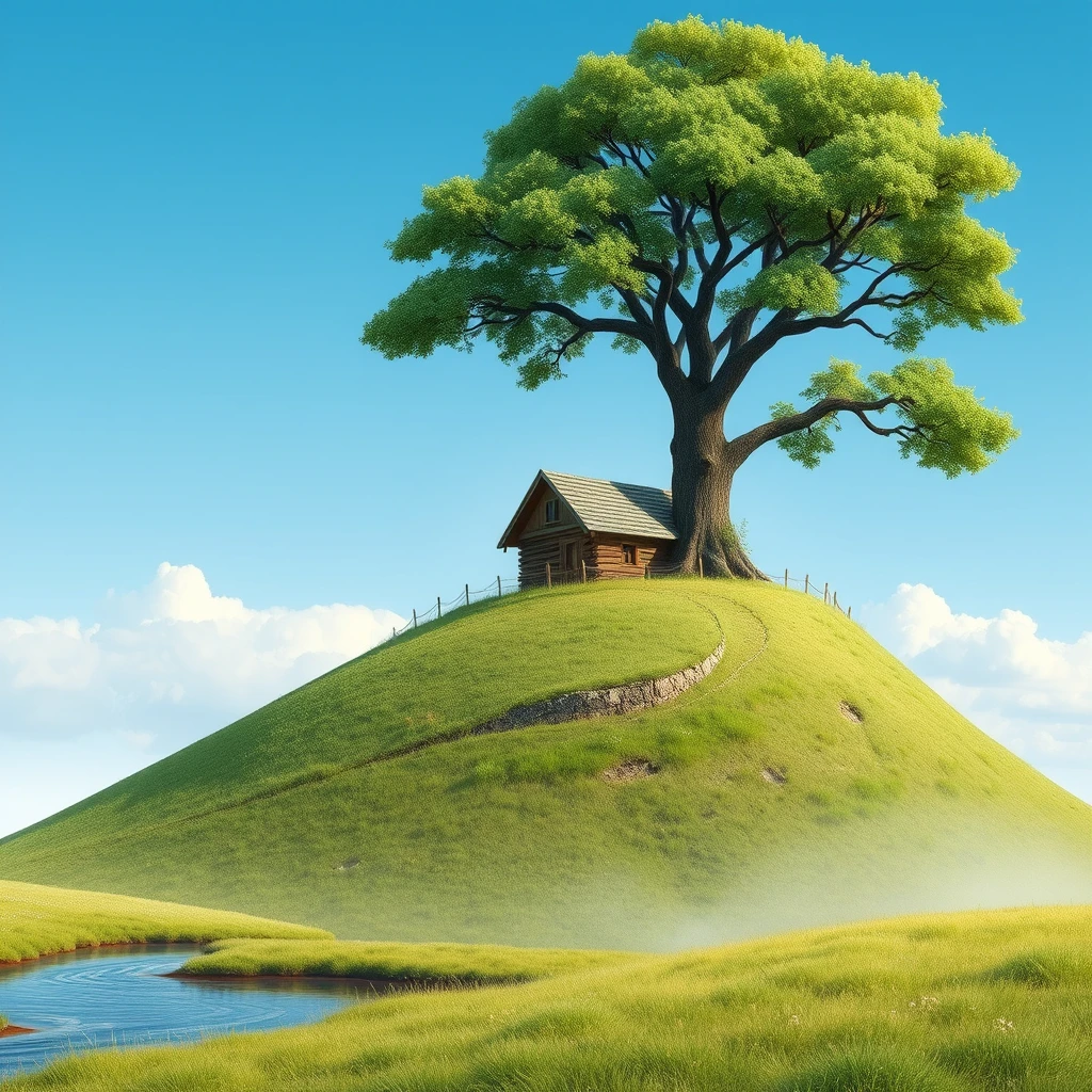 There is a hill, and at the foot of the hill, there is a small river. On top of the hill, there is a big tree, and under the big tree at the top of the hill, there is a wooden house. - Image