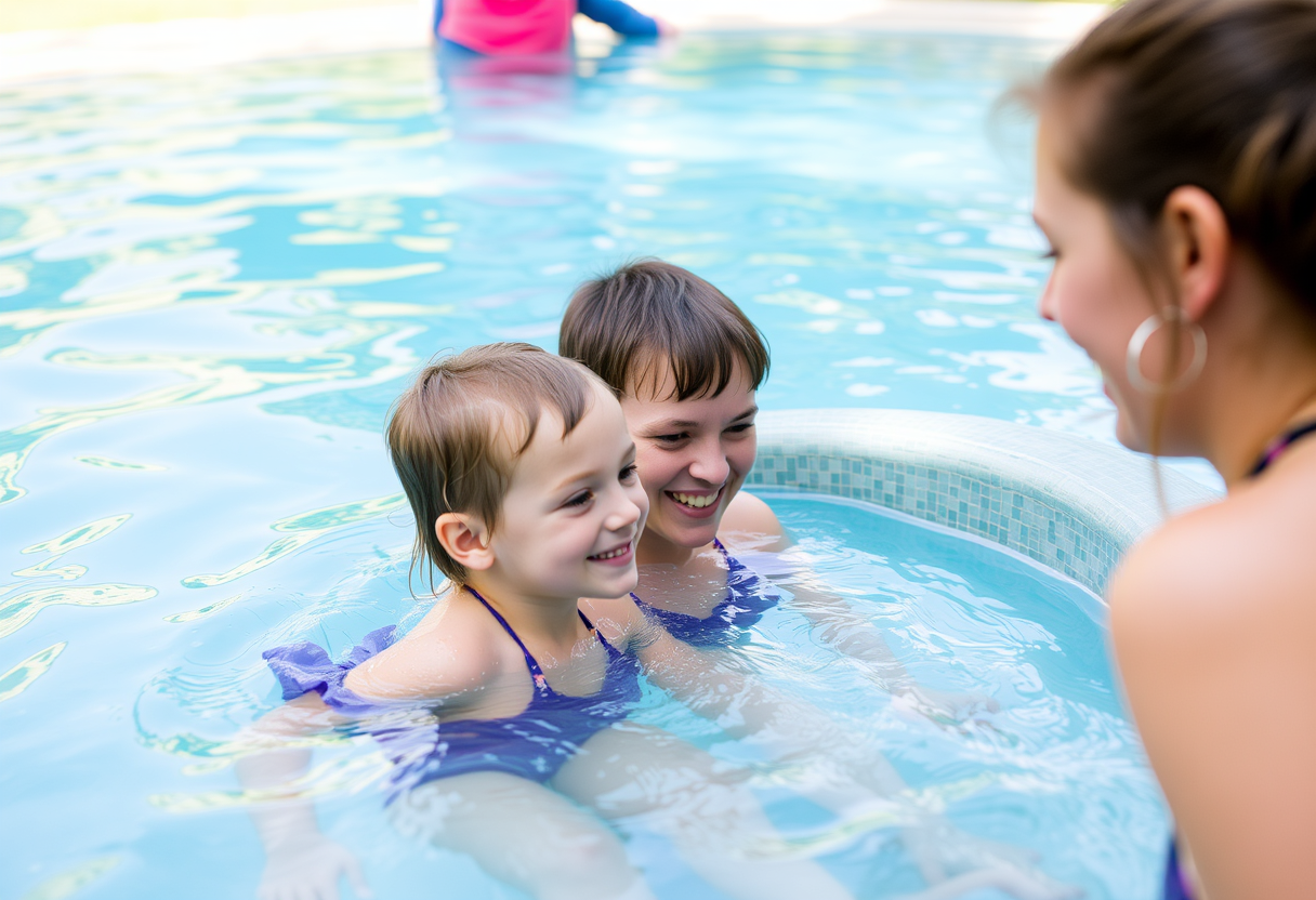 a summer camp counselor impishly helps her camper get ready so they can both take a post-practice soak