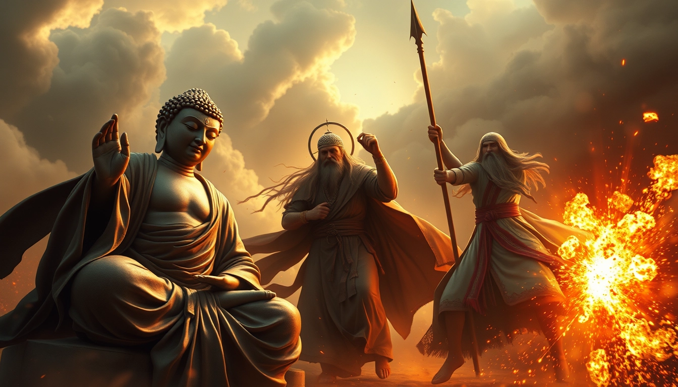 "The Buddha, Yahweh, and Allah in a grand battle, in a photorealistic style. No other characters should appear."