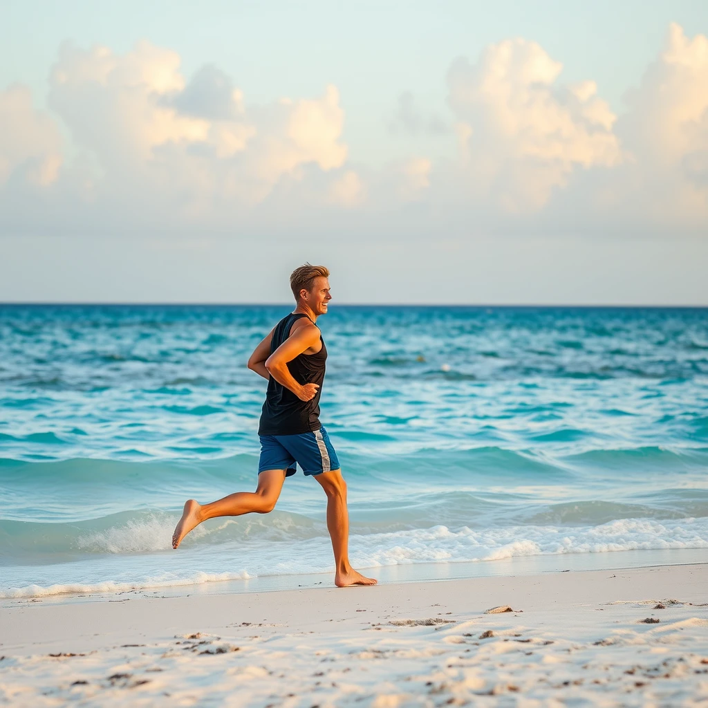 A young man jogging on a beach in the Bahamas. - Image