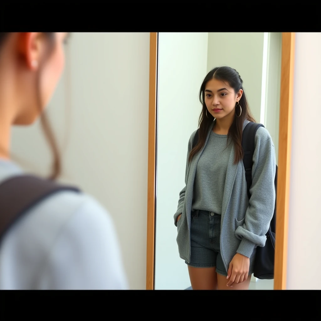 A female student is looking in the mirror. Notice, she is looking in the mirror, and the full-length mirror allows her to see her shoes. - Image