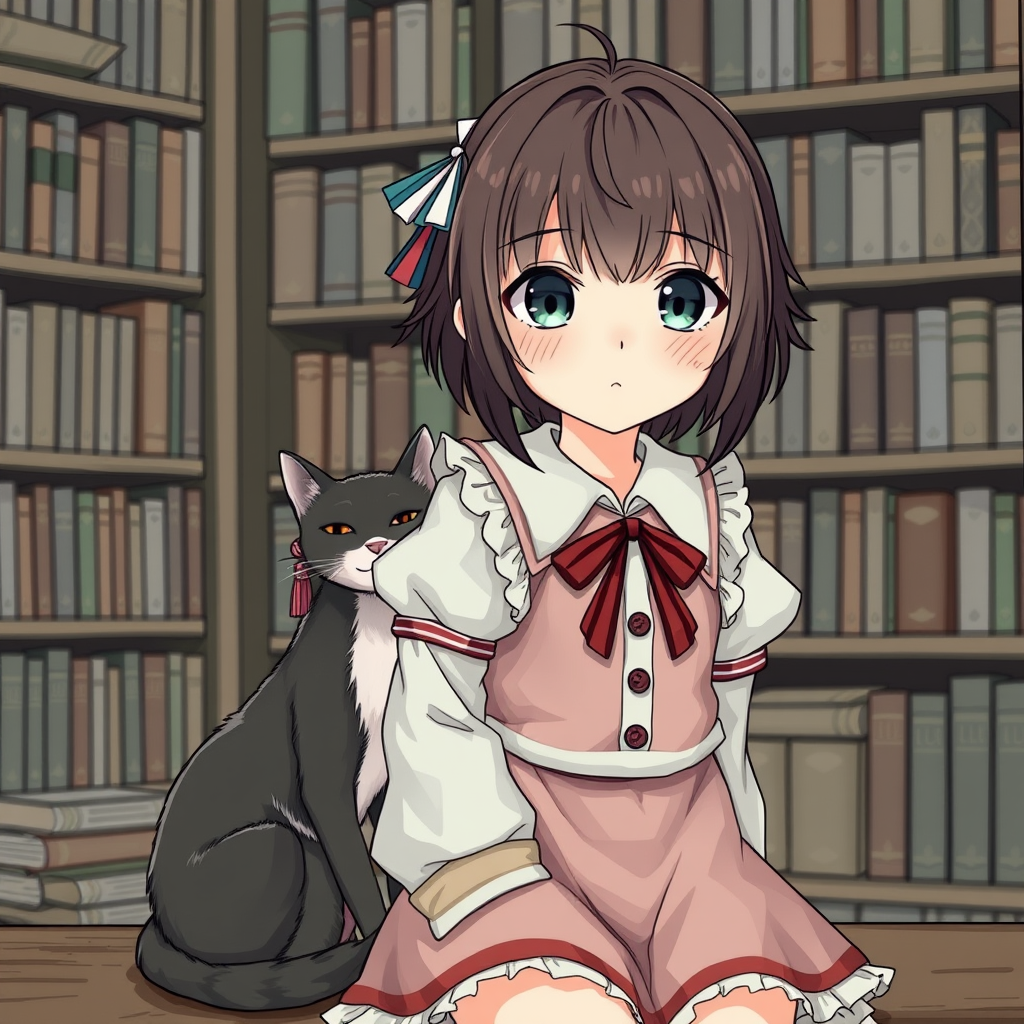 Final fantasy style, young girl, nice outfit, short dress, whole, front face, with a cat sitting beside, background is a bookstore. - Image