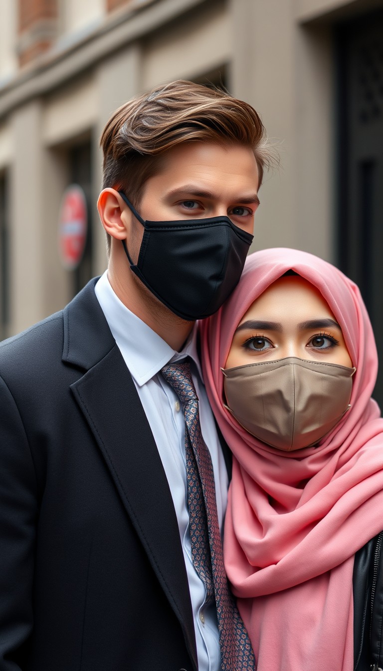 Jamie Dornan's head and body shot, handsome, young, face mask black, white shirt half button, grey pattern tie, black coat suit, dating love with the biggest soft pink hijab girl, beautiful eyes, black leather jacket, face mask black, biggest floral skirt, hyper realistic, street photography. - Image