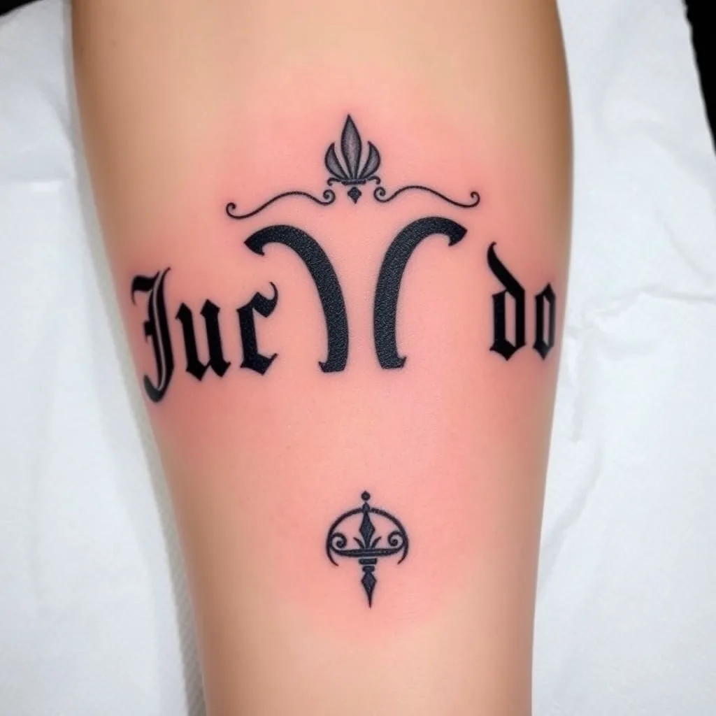 A gothic themed tattoo reading "Just do it" with the Aquarius sign.