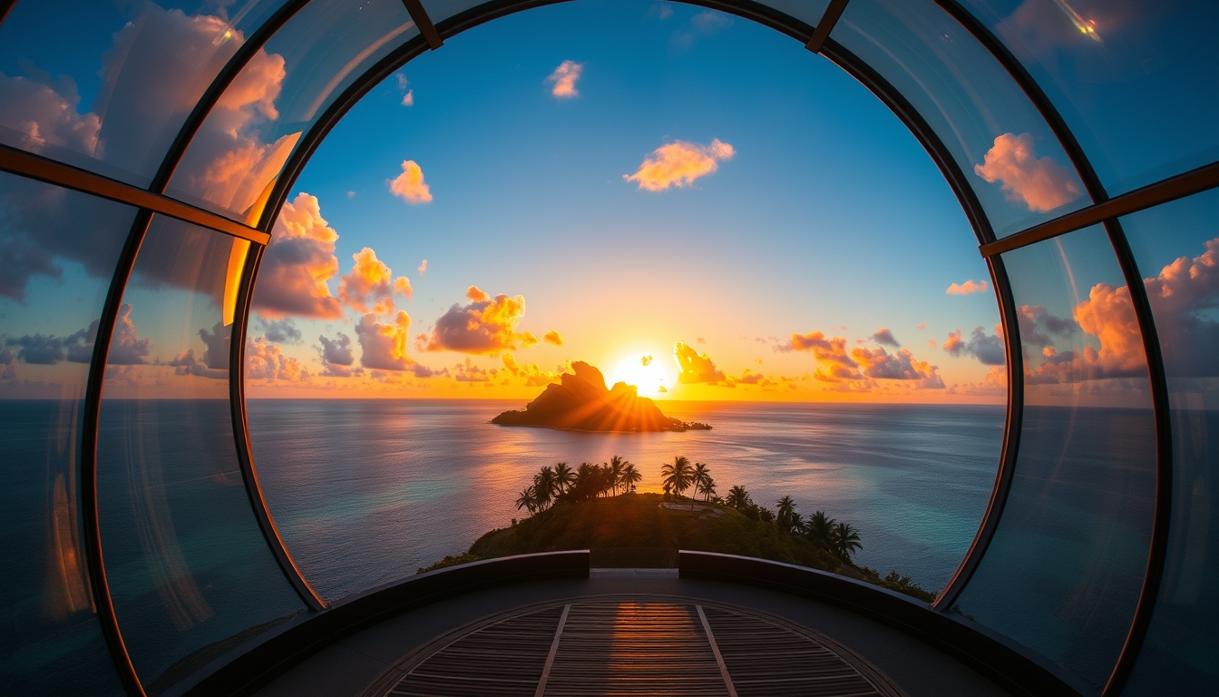 A breathtaking sunset viewed through a giant glass dome on a tropical island. - Image