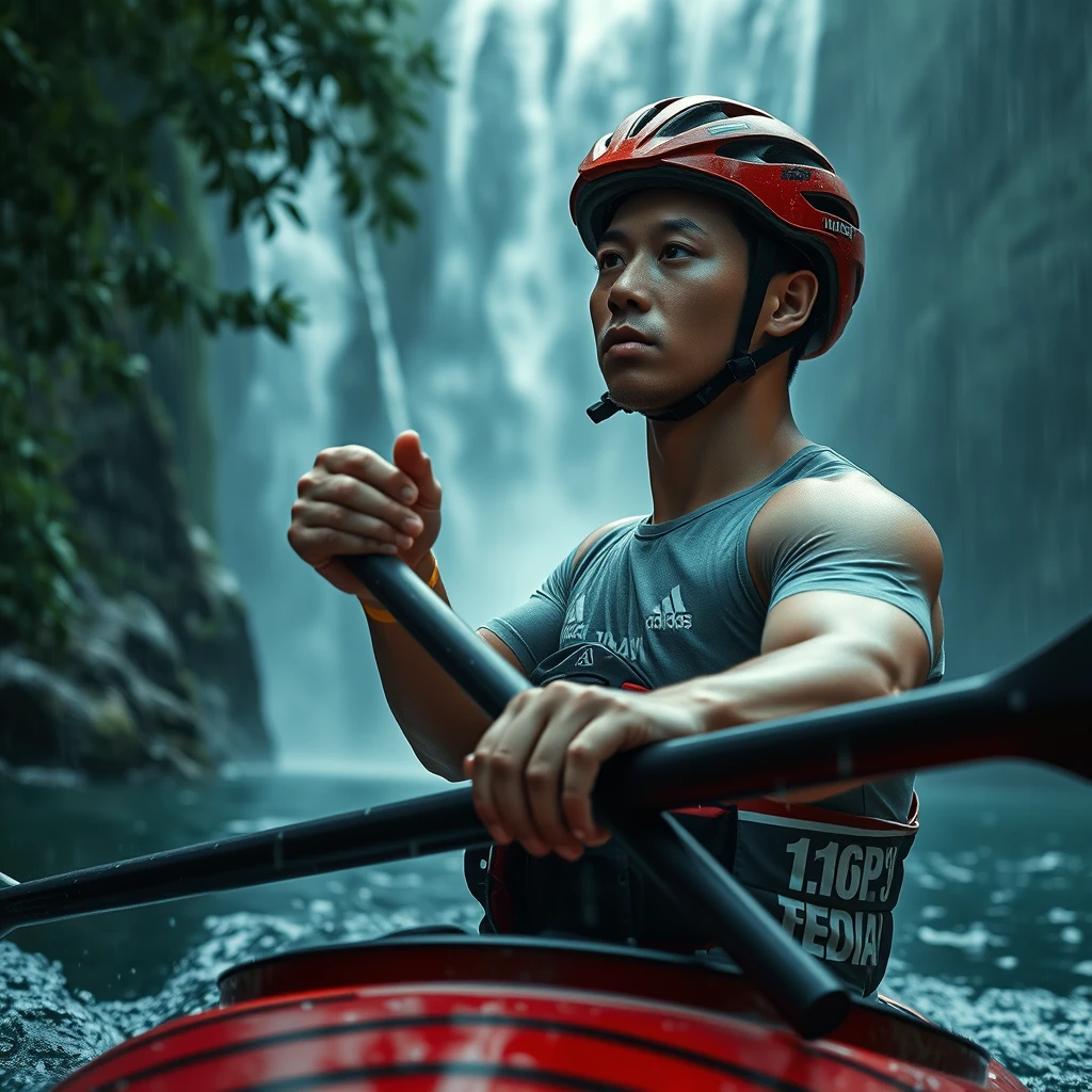 Realistic movie style, Asian male athlete, sportswear, helmet, he is paddling with his hands, hard paddle, kayak, waterfall, mountain, tree, rain, visual impact, (cinematic lighting, extremely detailed, high detail, hired textures, incredible detail, intricate details, masterpieces, photorealistic Allah, real masterpieces, intricate design, Night: 1.6 Dark: 1.6), (Jungle, Lush Plants), Astrinian's Dynamic Realistic Rendering, Provocative Splash Effects, Exaggerated Expressions, Action Atmosphere, Colorful, Detailed Water Droplets, Moving Optical Illusions, Digital Painting, Realistic, High Quality Photos, 4K, HD, Art, Painting, Perfect Composition, Beautiful Details, Crazy Detailed Detailed Octane Rendering Popular Art Station, 8K Art Photography, Realistic Concept Art, Soft Natural Volumes, Cinematic lighting, award-winning photographs, masterpieces, Greg Rutkowski. - Image