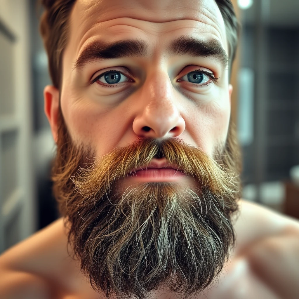 male focus, facial hair, bara, mature male, full beard, thick eyebrows, blurry background, bathroom