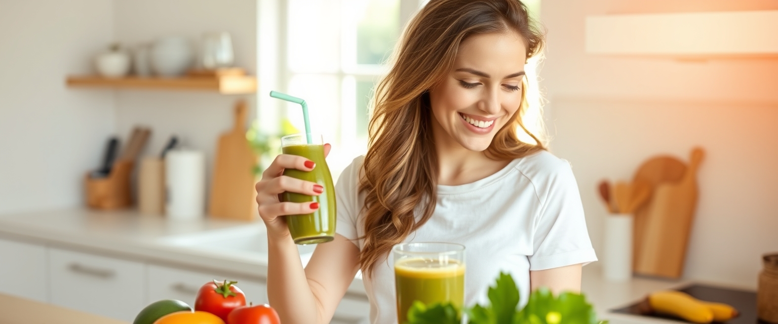 Happy young woman preparing a healthy smoothie in a bright kitchen reflecting the energy and freshness of a sunny morning.